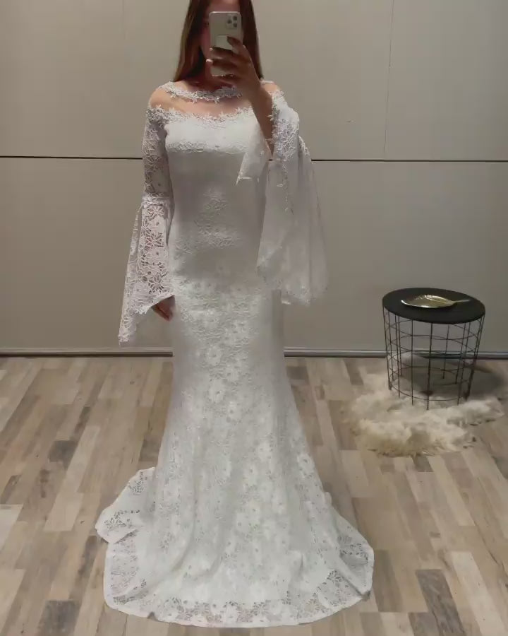 White lace bell sleeves party/ wedding gown