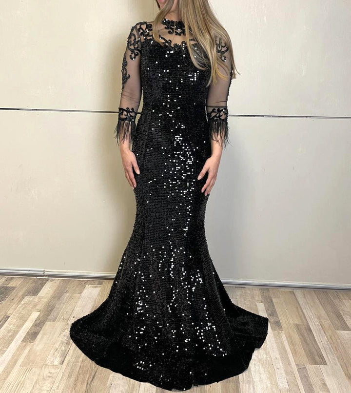 Black Sequins Long Party Dress For Women