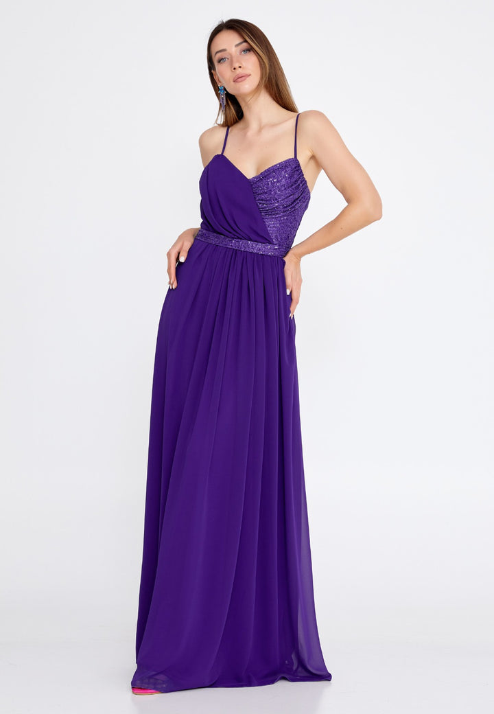 Purple Long Evening Dress With Shoulder Straps For Women