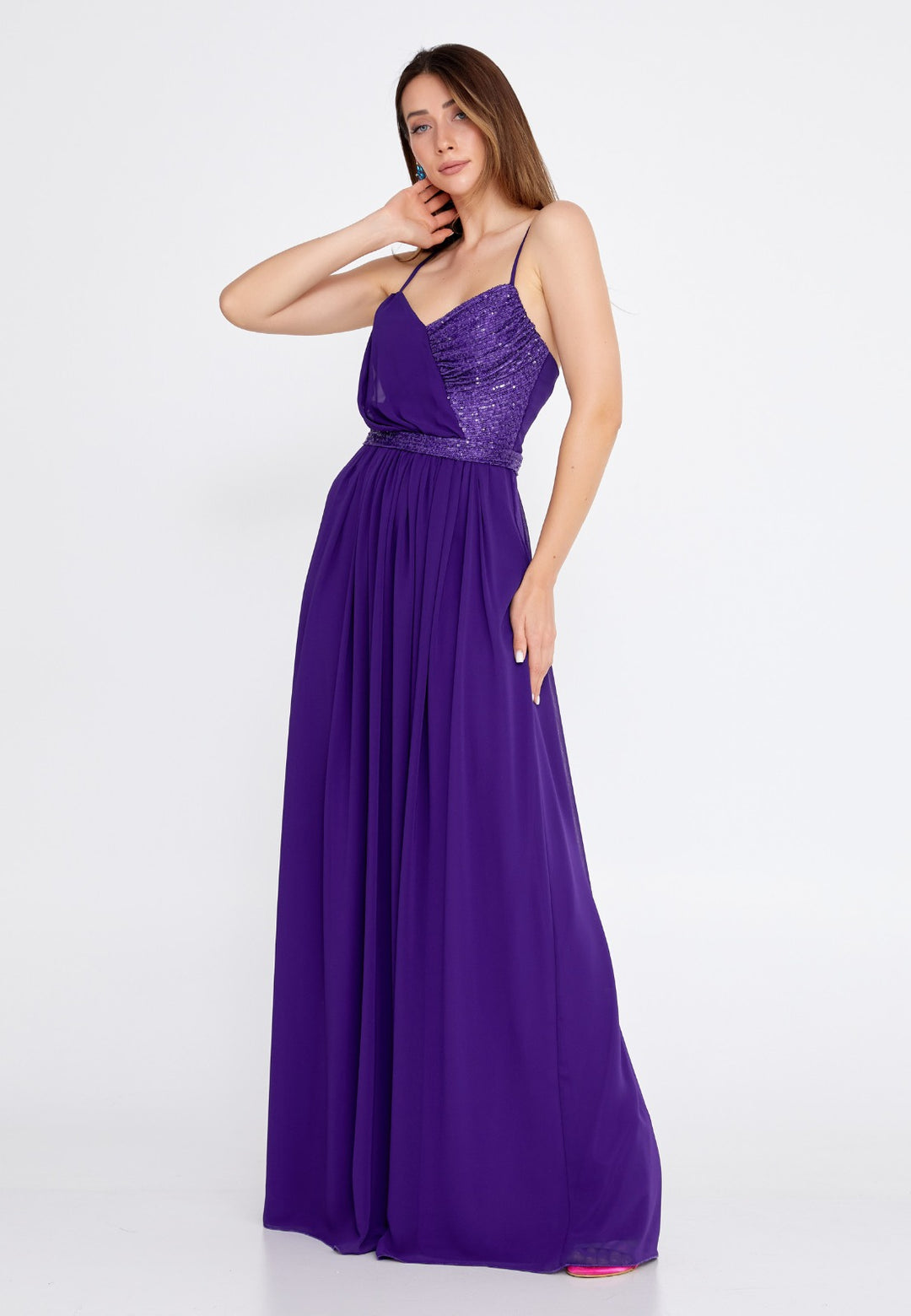 Purple Long Evening Dress With Shoulder Straps For Women