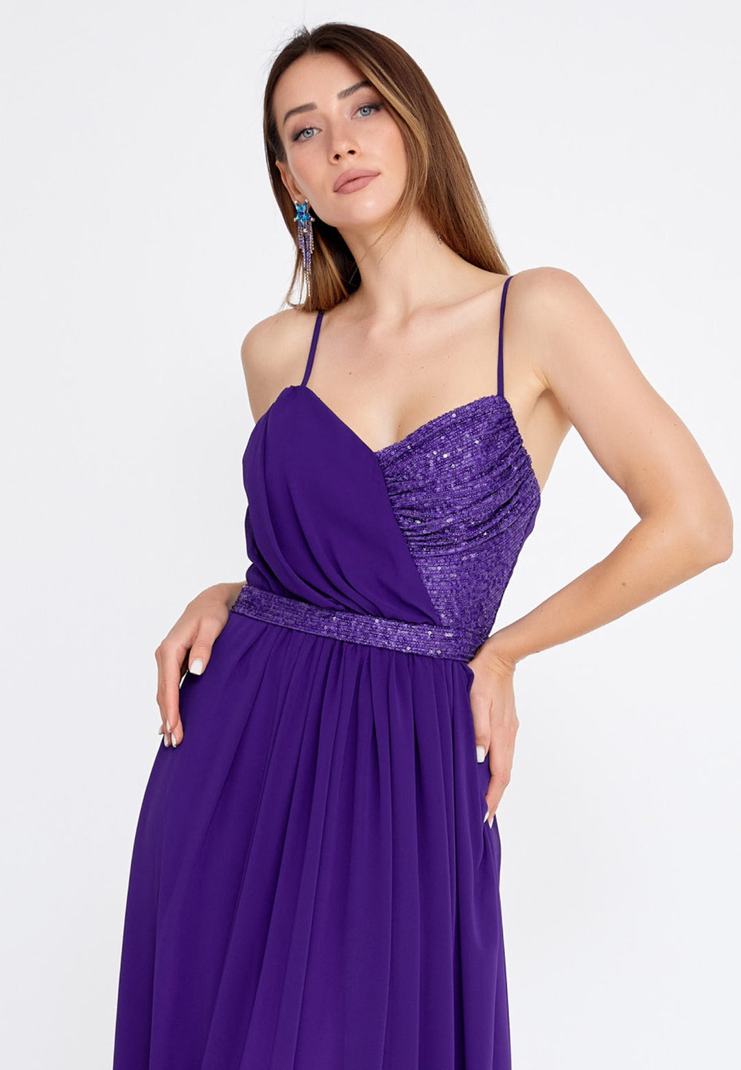 Purple Long Evening Dress With Shoulder Straps For Women