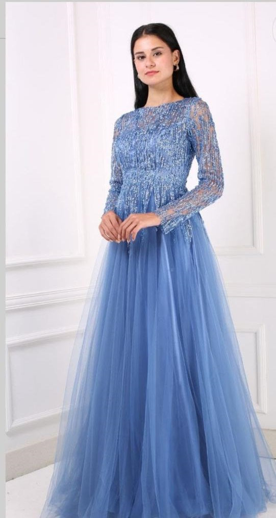 Blue Luxury Sequins Lace Tulle Women Party Dress