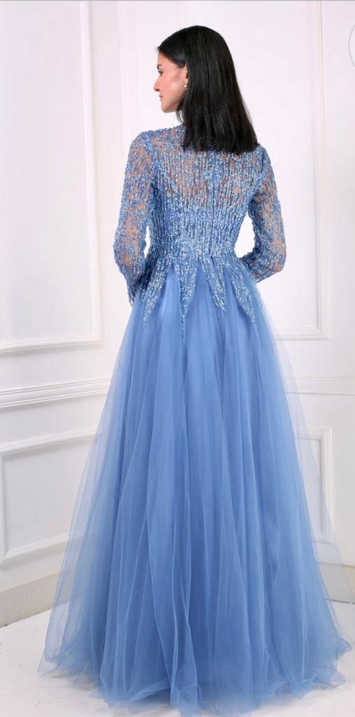 Blue Luxury Sequins Lace Tulle Women Party Dress