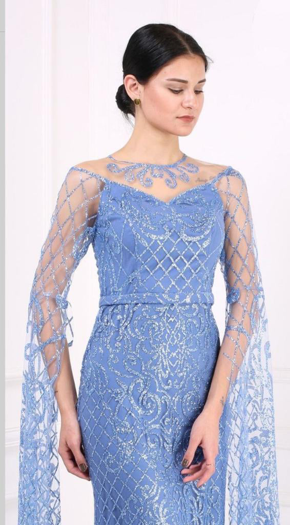 Luxury Blue Glittery Sequins Lace Party Dress For Women