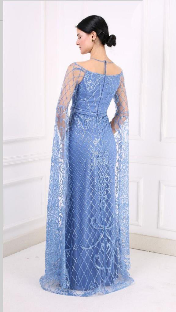 Luxury Blue Glittery Sequins Lace Party Dress For Women