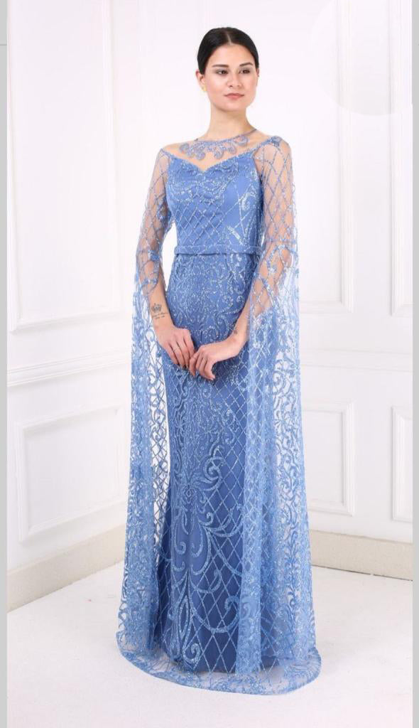 Luxury Blue Glittery Sequins Lace Party Dress For Women