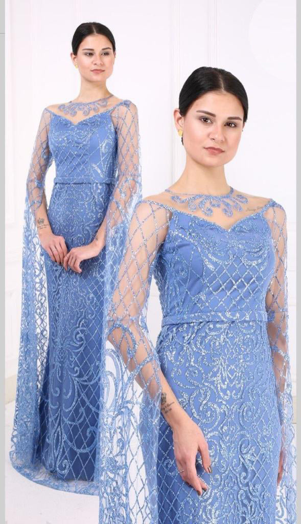 Luxury Blue Glittery Sequins Lace Party Dress For Women