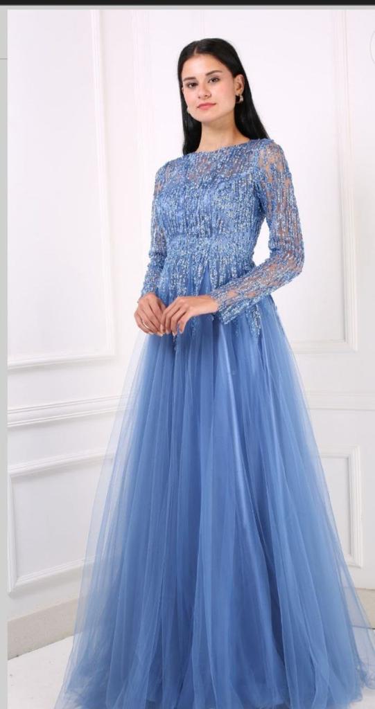 Blue Luxury Sequins Lace Tulle Women Party Dress