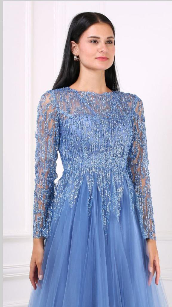 Blue Luxury Sequins Lace Tulle Women Party Dress