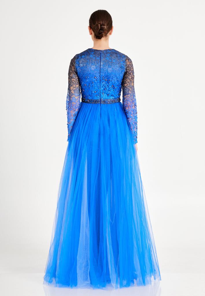 Blue Pearl Lace Full Sleeves Party Dress for Women