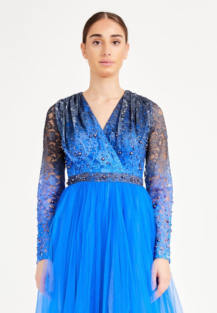 Blue Pearl Lace Full Sleeves Party Dress for Women