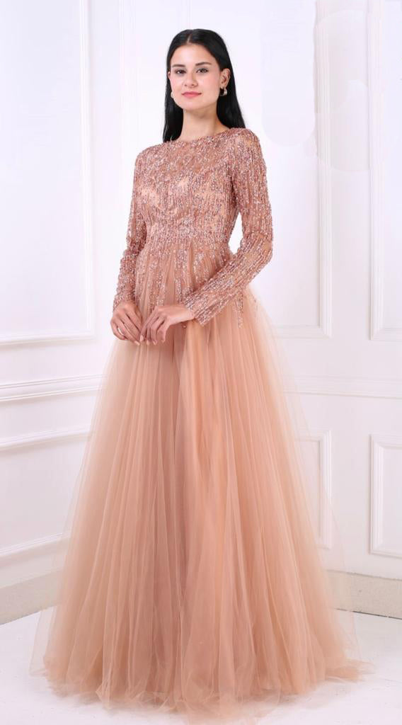 Brown Luxury sequins lace tulle women party dress