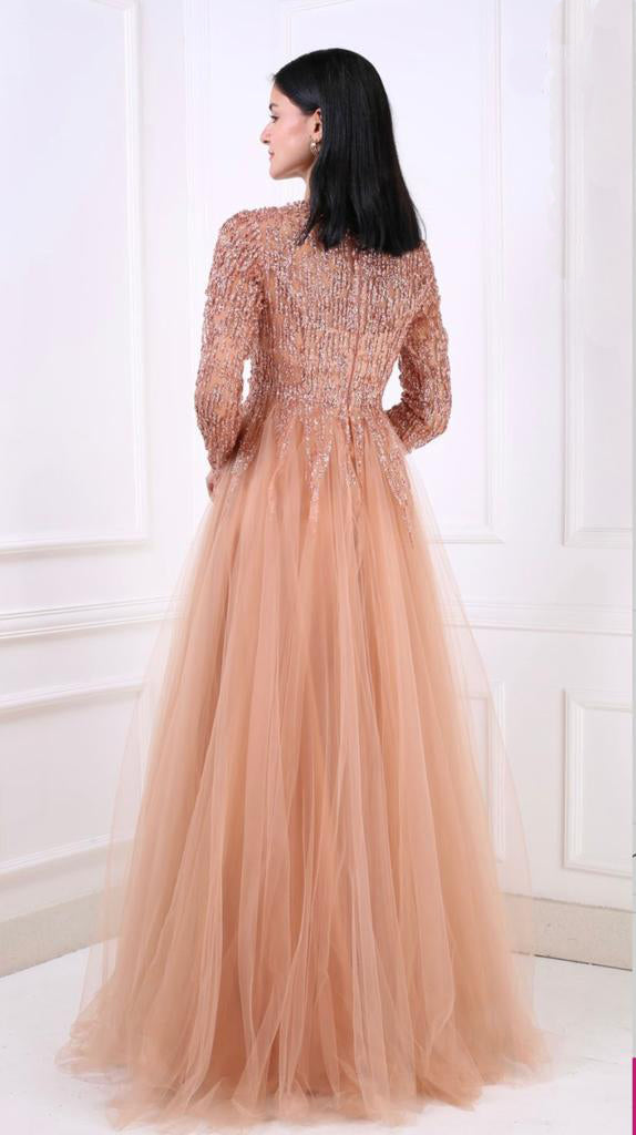 Brown Luxury sequins lace tulle women party dress