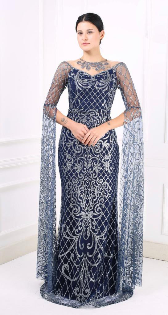 Luxury Dark Blue Glittery Sequins Lace Party Dress For Women