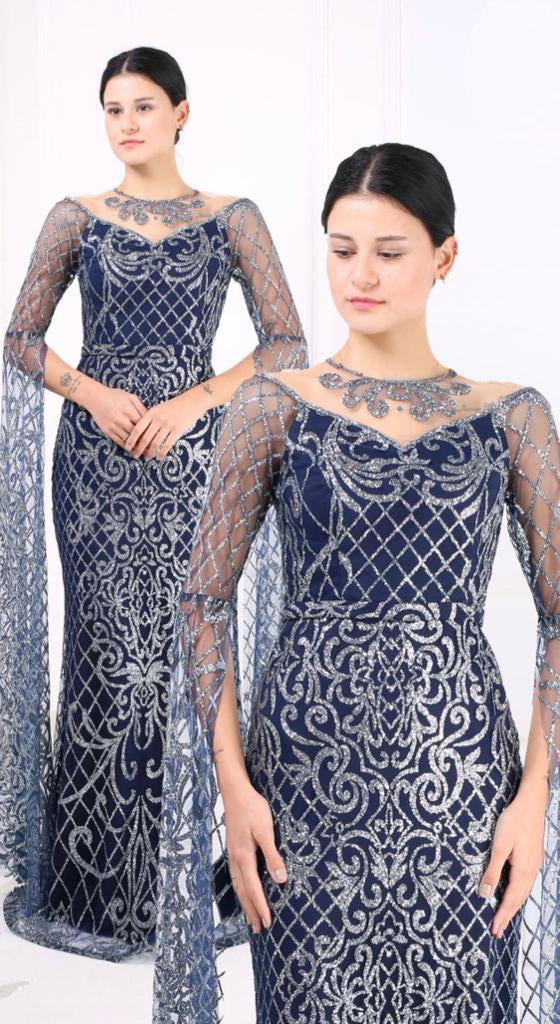 Luxury Dark Blue Glittery Sequins Lace Party Dress For Women