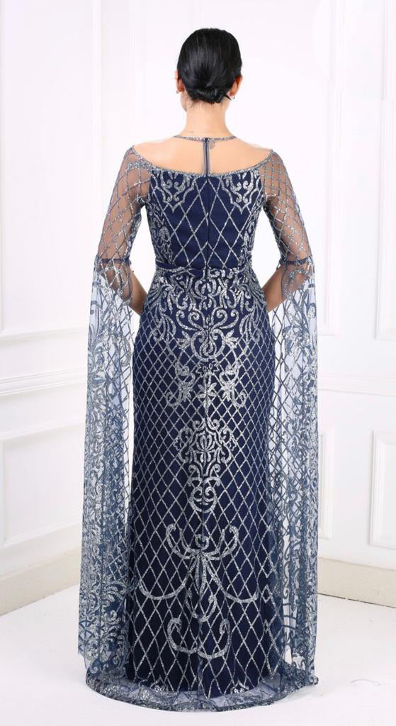 Luxury Dark Blue Glittery Sequins Lace Party Dress For Women