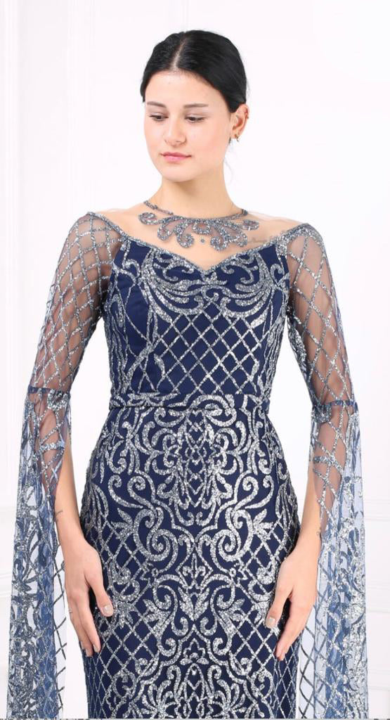 Luxury Dark Blue Glittery Sequins Lace Party Dress For Women