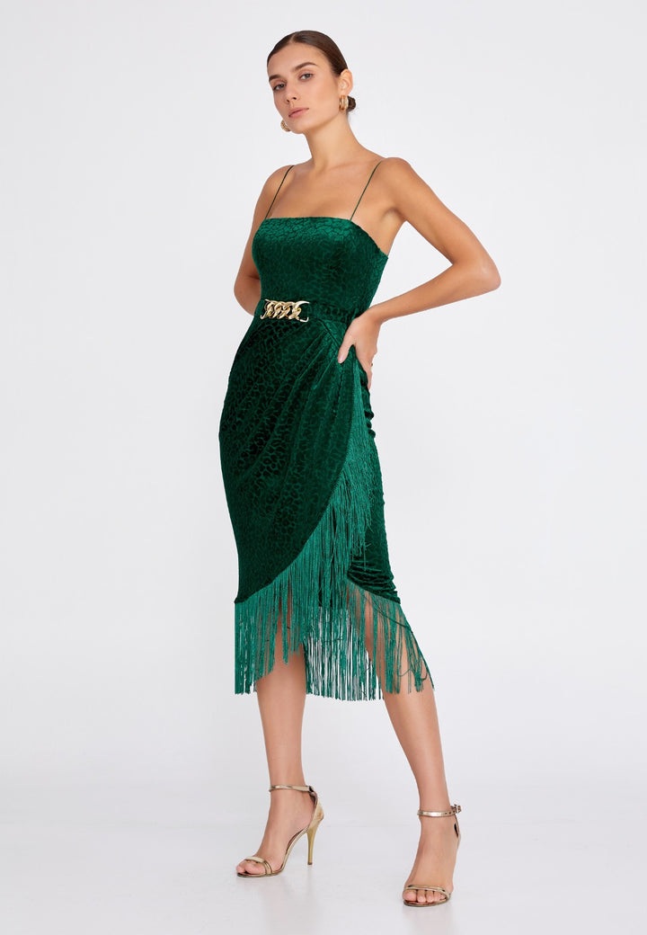 Green Knee Length Velvet Party Dress For Women