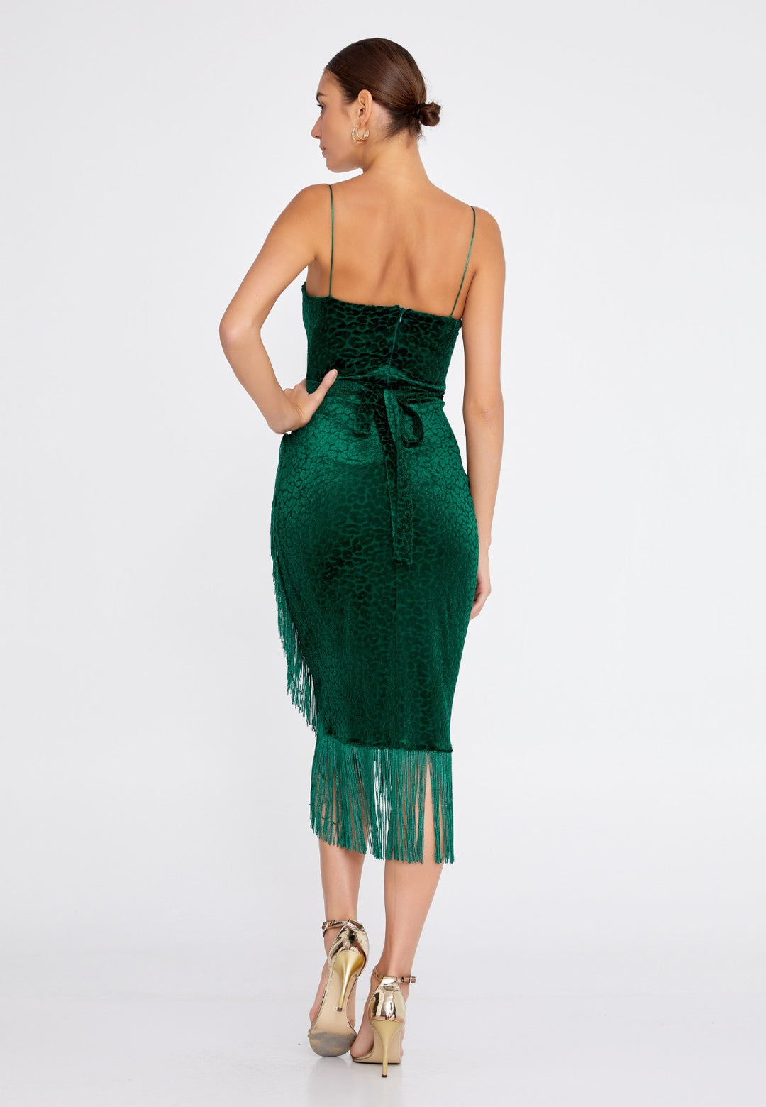 Green Knee Length Velvet Party Dress For Women