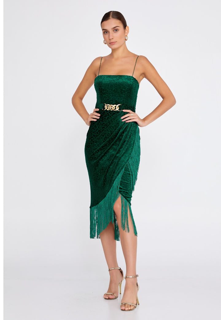 Green Knee Length Velvet Party Dress For Women