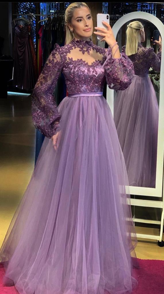 Lavender Glittery Lace Puffy Sleeves Party / Wedding Dress For Women – Liba Fashion Lavender Glittery Lace Puffy Sleeves Party / Wedding Dress For Women – Liba Fashion