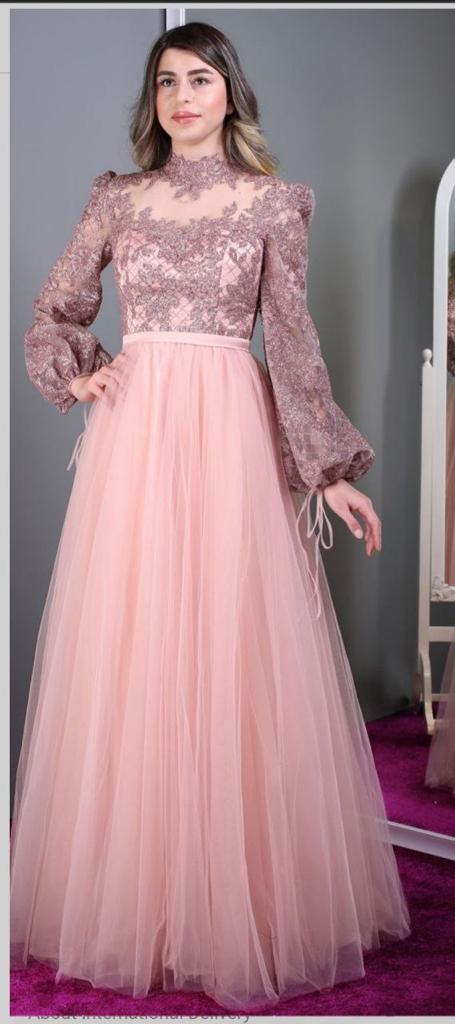 Powder Glittery Lace Full Puffy Sleeves Party / Wedding Dress For Women