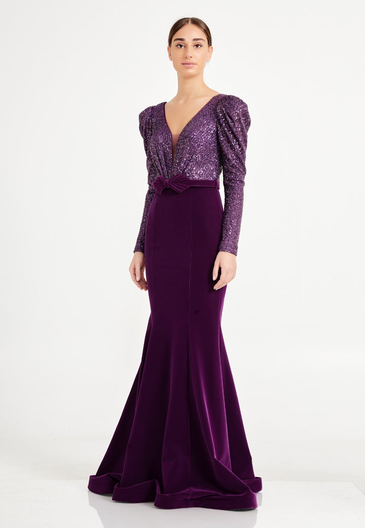 Purple Sequins Velvet Long Women Party Dress