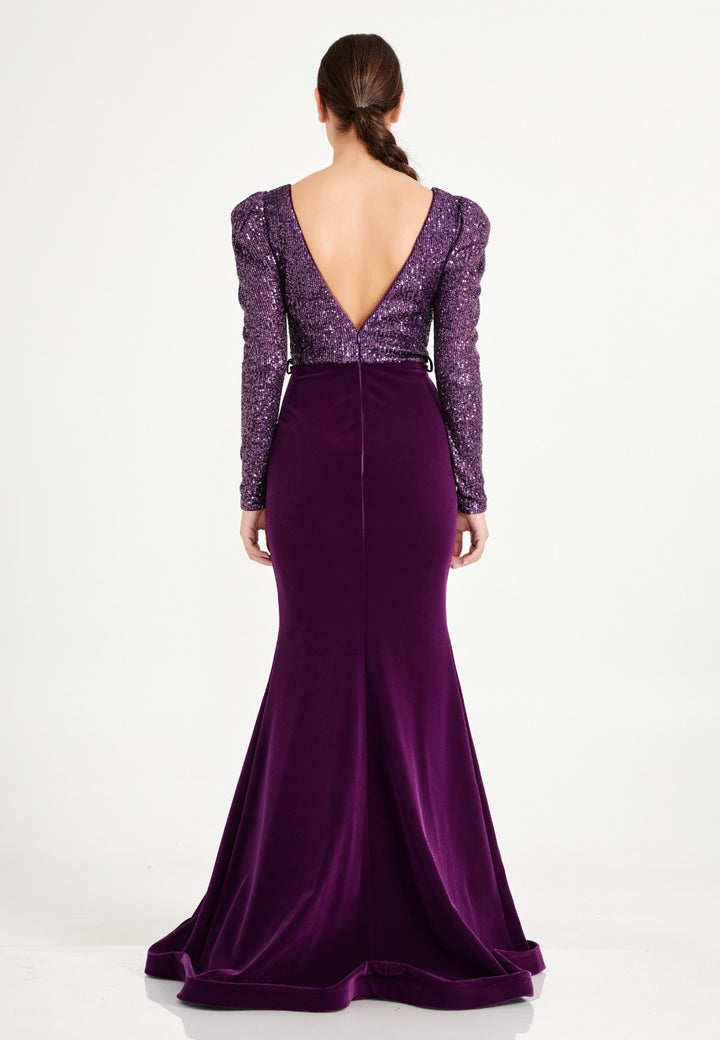 Purple Sequins Velvet Long Women Party Dress