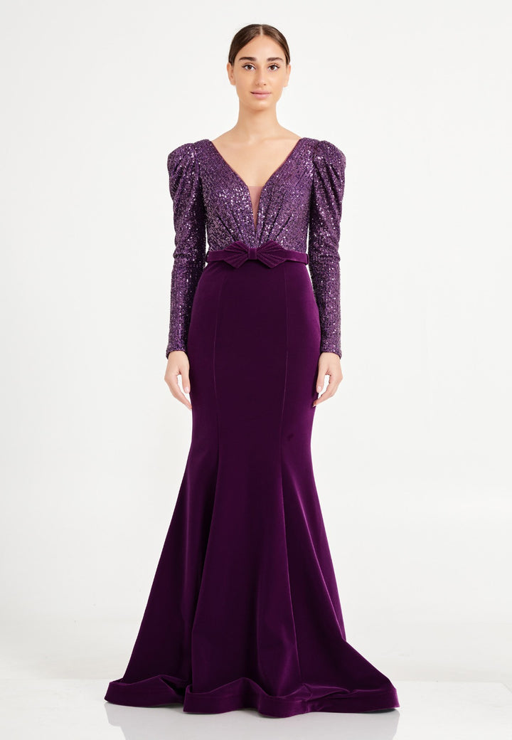 Purple Sequins Velvet Long Women Party Dress