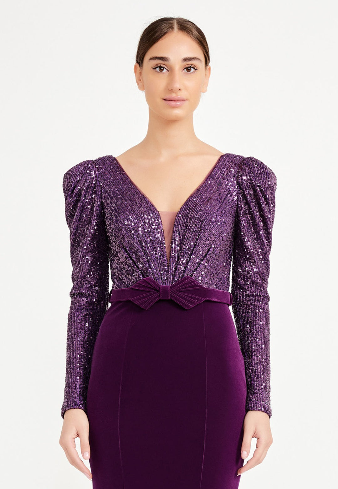 Purple Sequins Velvet Long Women Party Dress