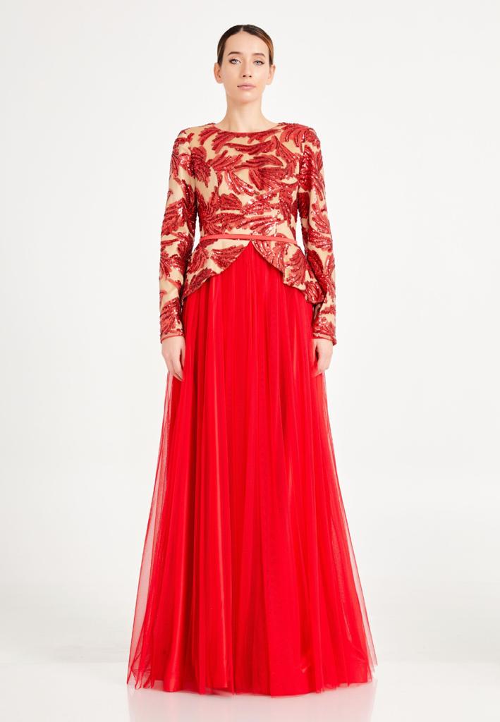 Red sequins full sleeves long party dress for women