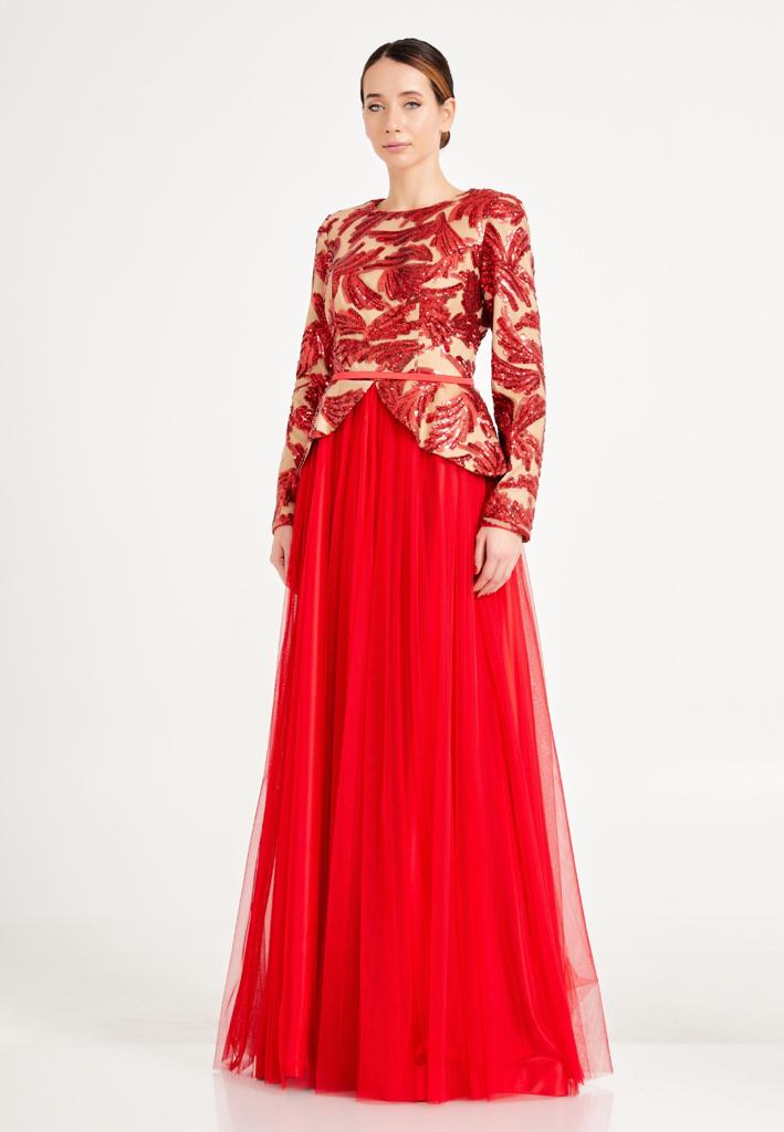 Red sequins full sleeves long party dress for women