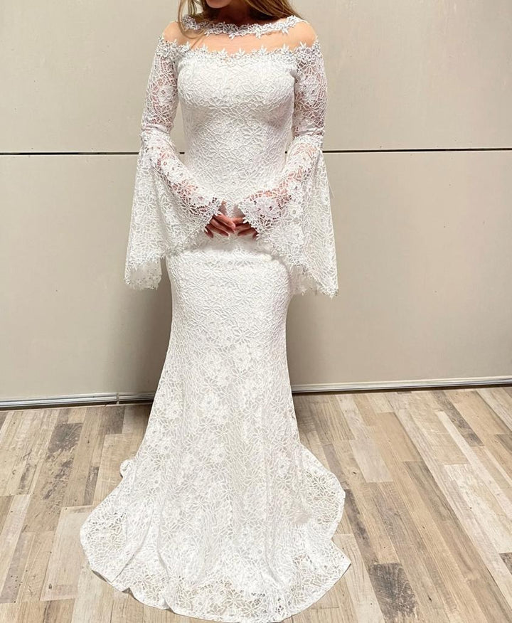 White lace bell sleeves party/ wedding gown