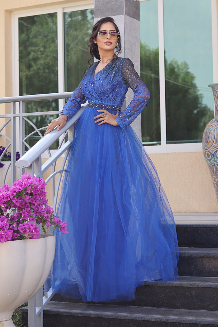 Blue Pearl Lace Full Sleeves Party Dress for Women