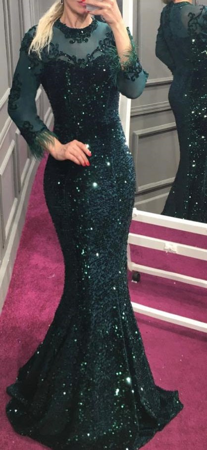 Green Sequins Long Party Dress For Women